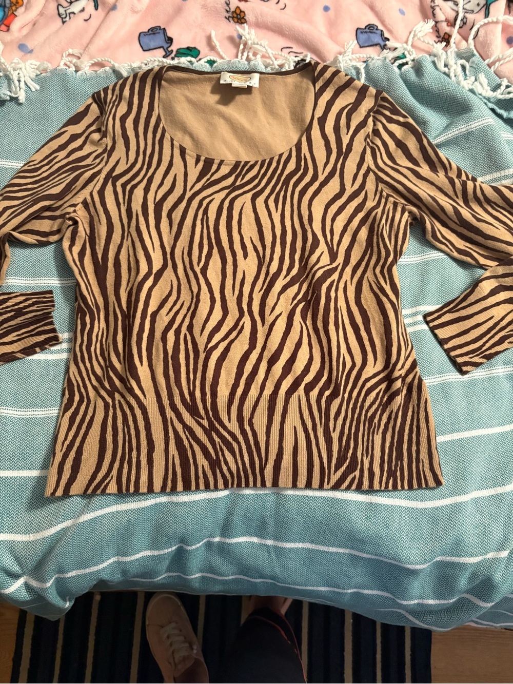 Talbots petites Tan and Brown Zebra-Print Scoop Neck Sweater